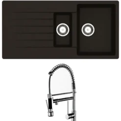 Reginox Harlem 1.5 Bowl Black Silvery Granite Composite Sink & Waste Kit and Vellamo Hanbury Pull Out Mono Kitchen Mixer