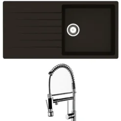 Reginox Harlem 1 Bowl Black Silvery Granite Composite Sink & Waste Kit and Vellamo Hanbury Pull Out Mono Kitchen Mixer