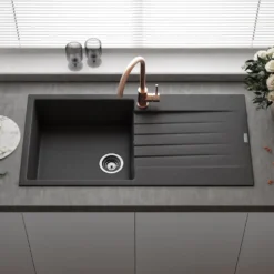 Reginox Harlem 1 Bowl Black Silvery Granite Composite Sink & Waste Kit and Vellamo Hanbury Pull Out Mono Kitchen Mixer