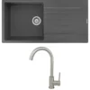 Reginox Harlem 1 Bowl Grey Silvery Granite Composite Sink & Waste Kit and Vellamo Revolve Stainless Steel Mono Kitchen Mixer