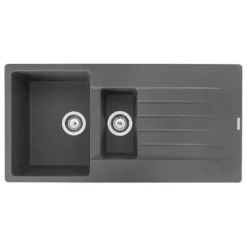 Reginox Harlem 1.5 Bowl Grey Silvery Granite Composite Sink & Waste Kit and Vellamo Revolve Stainless Steel Mono Kitchen Mixer