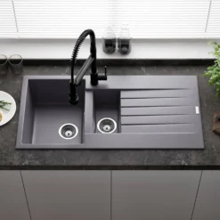 Reginox Harlem 1.5 Bowl Grey Silvery Granite Composite Sink & Waste Kit and Vellamo Revolve Stainless Steel Mono Kitchen Mixer