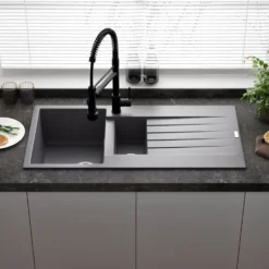 Reginox Harlem 1.5 Bowl Grey Silvery Granite Composite Sink & Waste Kit and Vellamo Revolve Stainless Steel Mono Kitchen Mixer