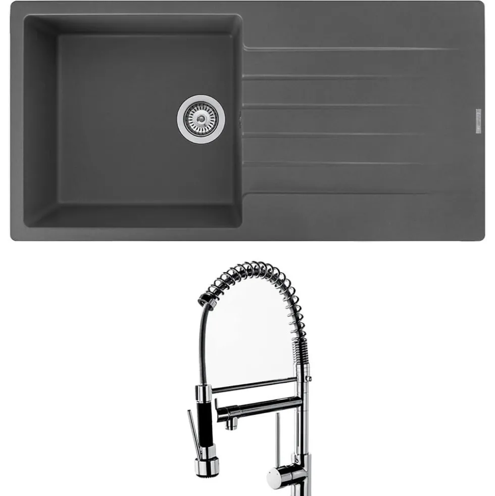 Reginox Harlem 1 Bowl Grey Silvery Granite Composite Sink & Waste Kit and Vellamo Hanbury Pull Out Mono Kitchen Mixer