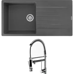 Reginox Harlem 1 Bowl Grey Silvery Granite Composite Sink & Waste Kit and Vellamo Hanbury Pull Out Mono Kitchen Mixer
