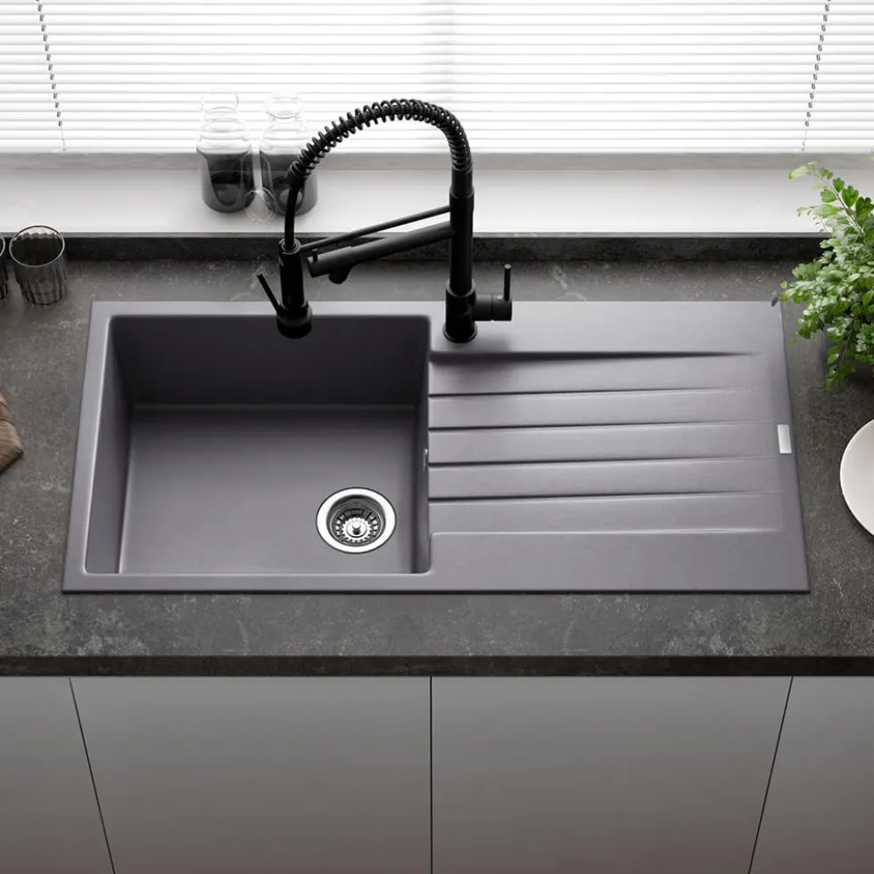 Reginox Harlem 1 Bowl Grey Silvery Granite Composite Sink & Waste Kit and Vellamo Hanbury Pull Out Mono Kitchen Mixer