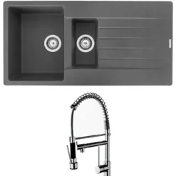 Reginox Harlem 1.5 Bowl Grey Silvery Granite Composite Sink & Waste Kit and Vellamo Hanbury Pull Out Mono Kitchen Mixer