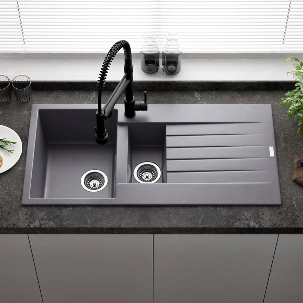 Reginox Harlem 1.5 Bowl Grey Silvery Granite Composite Sink & Waste Kit and Vellamo Hanbury Pull Out Mono Kitchen Mixer