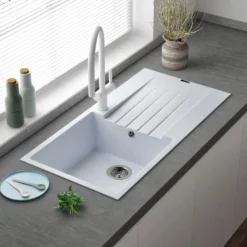 Reginox Harlem 1 Bowl White Granite Composite Sink & Waste Kit and Vellamo Hanbury Pull Out Mono Kitchen Mixer