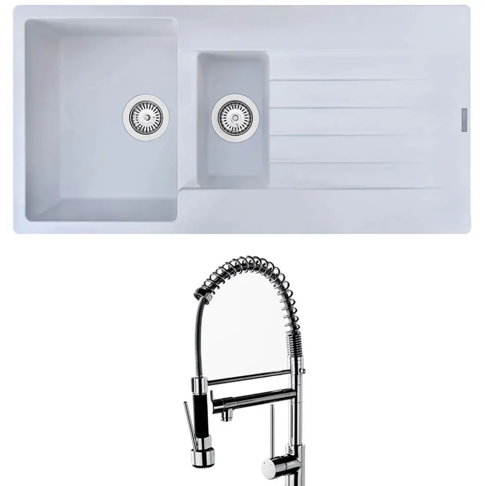 Reginox Harlem 1.5 Bowl White Granite Composite Sink & Waste Kit and Vellamo Hanbury Pull Out Mono Kitchen Mixer