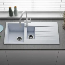 Reginox Harlem 1.5 Bowl White Granite Composite Sink & Waste Kit and Vellamo Hanbury Pull Out Mono Kitchen Mixer