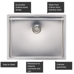 Reginox New Jersey Accessible Shallow Single Bowl Stainless Steel Inset / Undermount Kitchen Sink & Waste Kit - 540 x 410mm