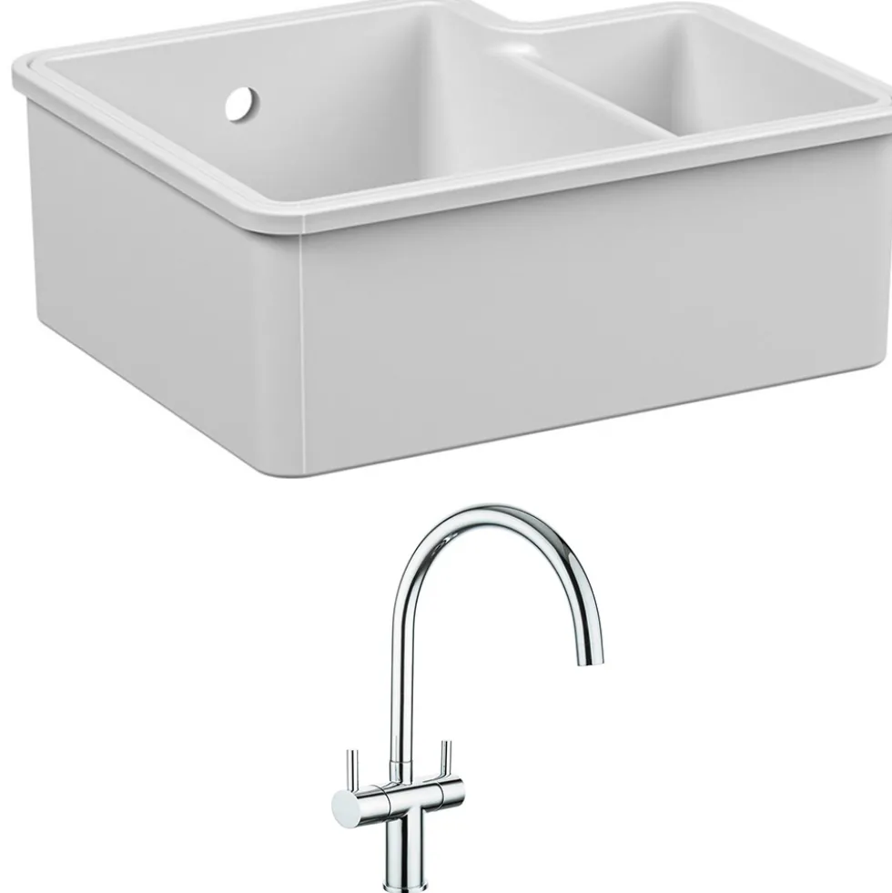 Reginox Tuscany 1.5 Bowl Undermount Ceramic Sink & Waste Kit and Vellamo Caspian Dual Lever Mono Kitchen Mixer