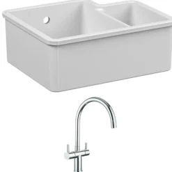 Reginox Tuscany 1.5 Bowl Undermount Ceramic Sink & Waste Kit and Vellamo Caspian Dual Lever Mono Kitchen Mixer