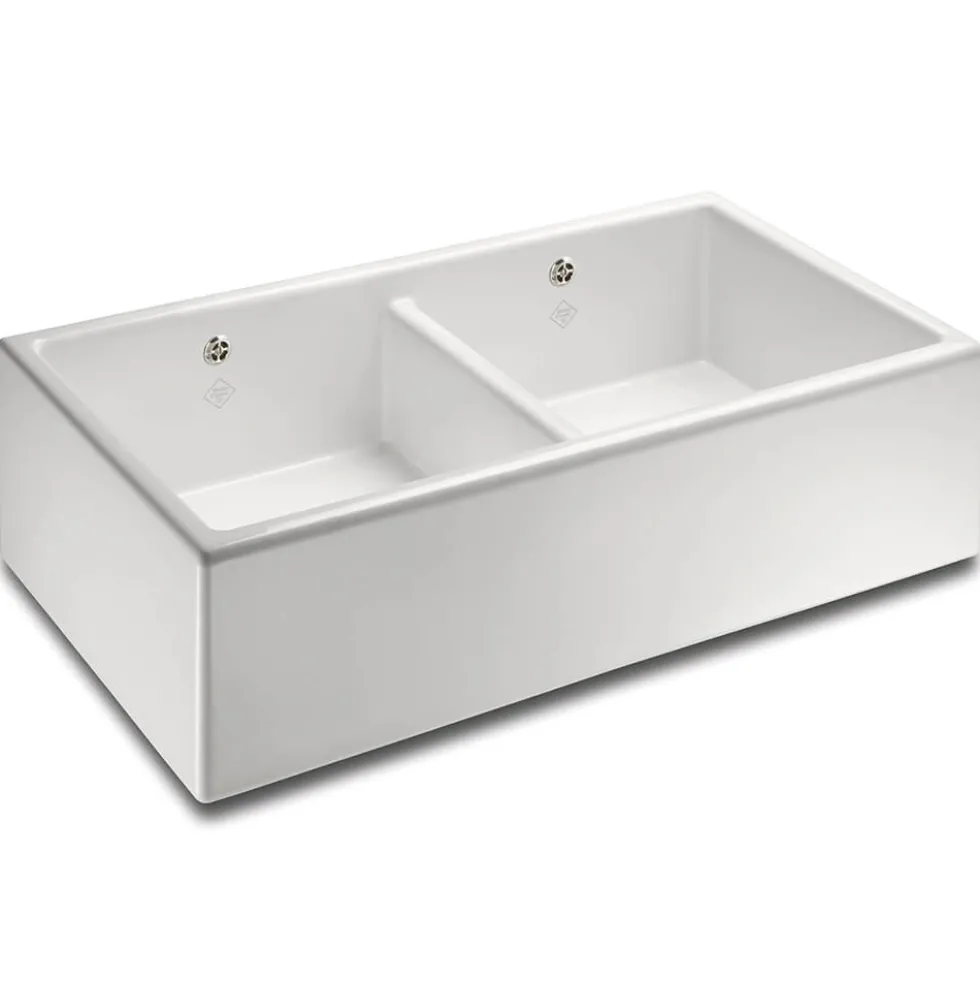 Shaws Contemporary Shaker Double Bowl White Ceramic Belfast Kitchen Sink - 895 x 465mm