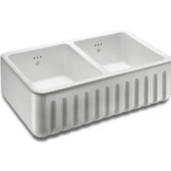 Shaws Ribchester White Ceramic Double Bowl Fluted Apron Front Sink - 795 x 465mm