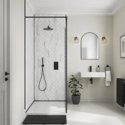 Showerwall White Marble Herringbone Laminate Tile - 2400 x 600mm