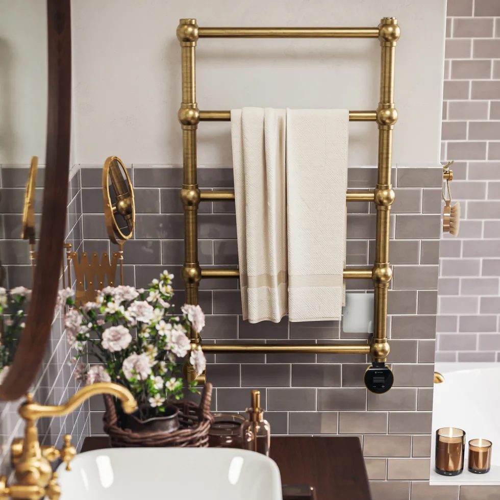 Terma Retro Brushed Brass Electric Heated Towel Rail with VEO Wi-Fi Controlled Heating Element