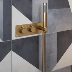The Tap Factory Vibrance Brushed Brass WRAS Approved Concealed Thermostatic Shower Valve with Fixed Shower Head and Shower Handset