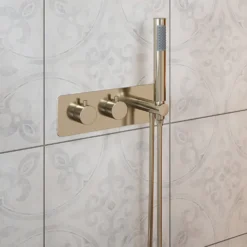 The Tap Factory Vibrance Brushed Nickel WRAS Approved Concealed Thermostatic Shower Valve with Fixed Shower Head and Shower Handset