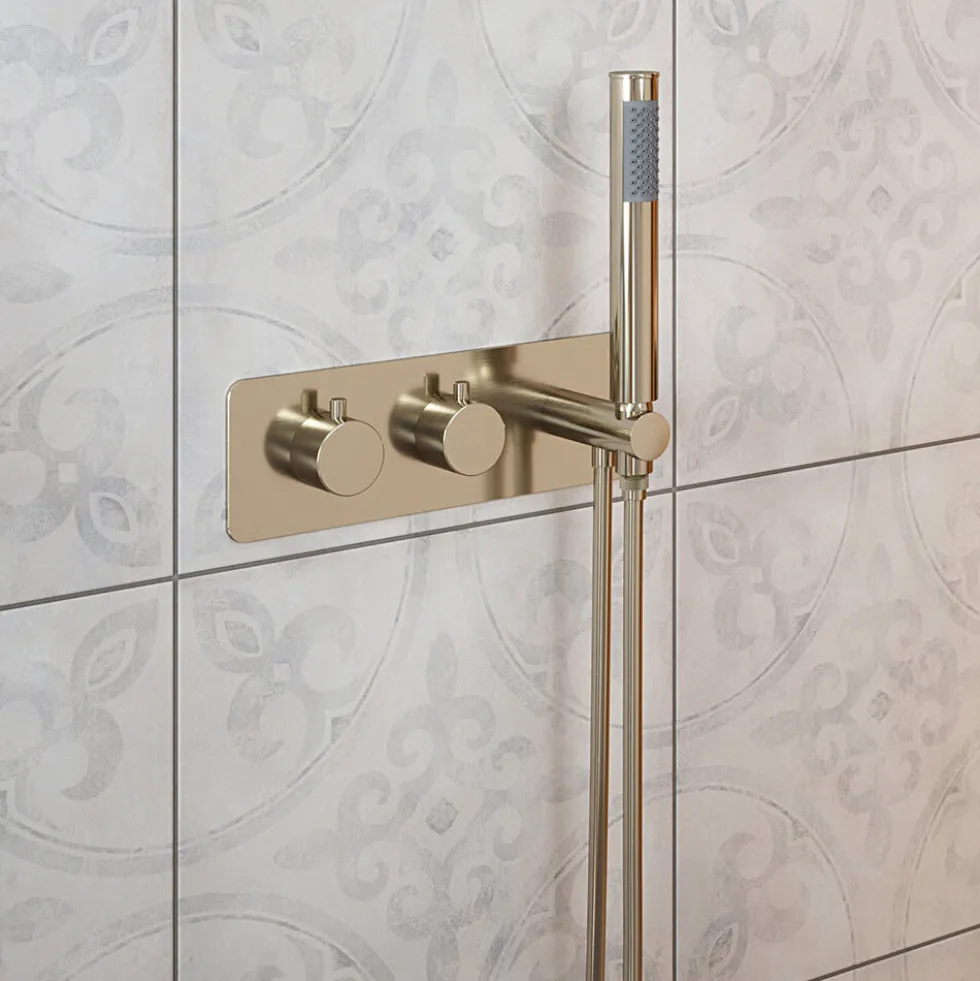 The Tap Factory Vibrance Brushed Nickel WRAS Approved Concealed Thermostatic Shower Valve with Fixed Shower Head and Shower Handset