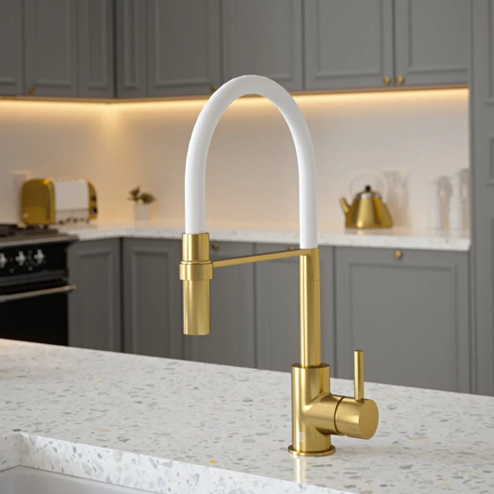 The Tap Factory Vibrance Tube Brushed Brass Mono Pull Out Kitchen Mixer Tap with Coloured Spout