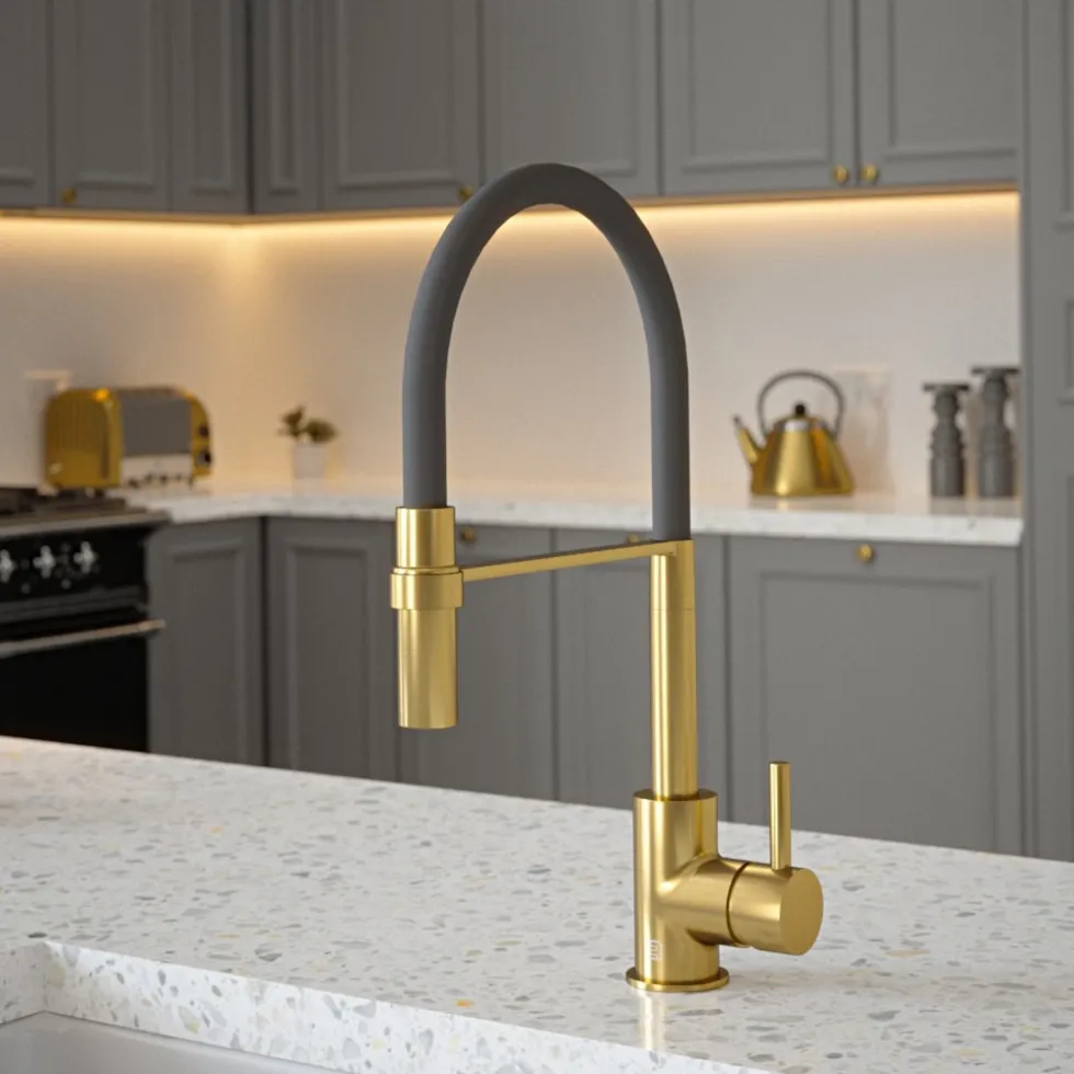 The Tap Factory Vibrance Tube Brushed Brass Mono Pull Out Kitchen Mixer Tap with Coloured Spout