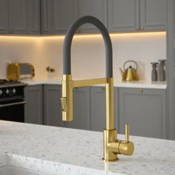 The Tap Factory Vibrance Tube Brushed Brass Mono Pull Out Kitchen Mixer Tap with Coloured Spout