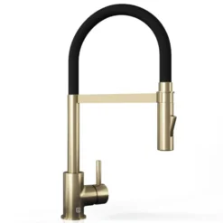 The Tap Factory Vibrance Tube Brushed Brass Mono Pull Out Kitchen Mixer Tap with Coloured Spout