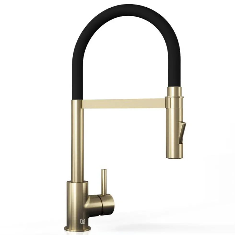 The Tap Factory Vibrance Tube Brushed Brass Mono Pull Out Kitchen Mixer Tap with Coloured Spout