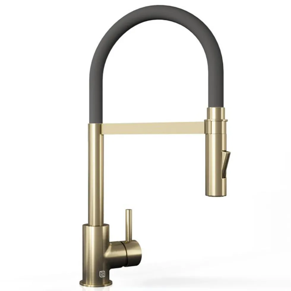 The Tap Factory Vibrance Tube Brushed Brass Mono Pull Out Kitchen Mixer Tap with Coloured Spout