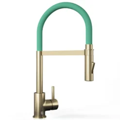 The Tap Factory Vibrance Tube Brushed Brass Mono Pull Out Kitchen Mixer Tap with Coloured Spout