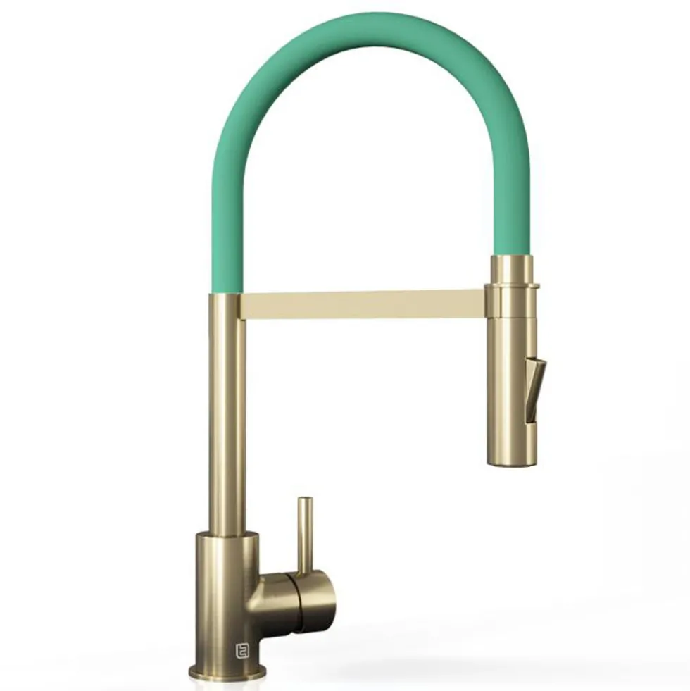 The Tap Factory Vibrance Tube Brushed Brass Mono Pull Out Kitchen Mixer Tap with Coloured Spout