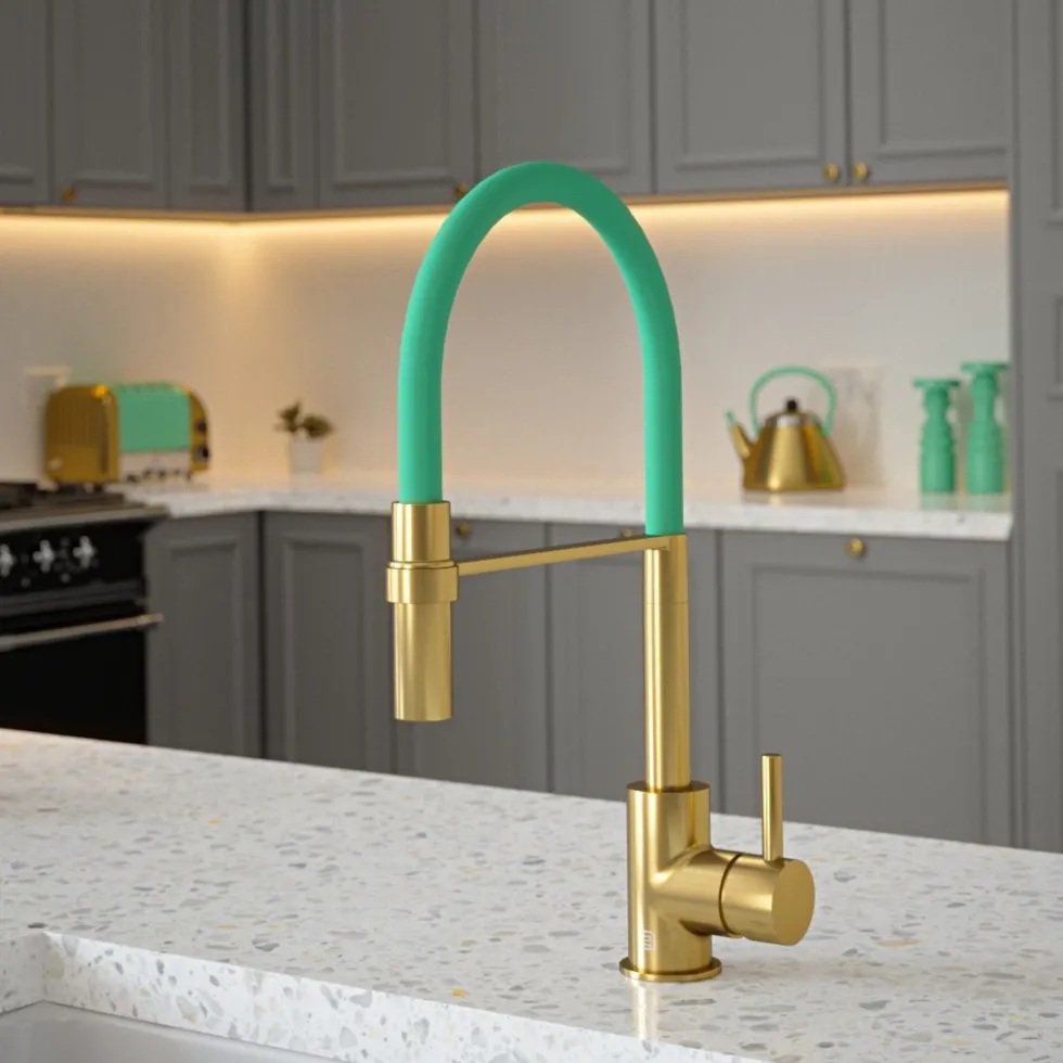 The Tap Factory Vibrance Tube Brushed Brass Mono Pull Out Kitchen Mixer Tap with Coloured Spout
