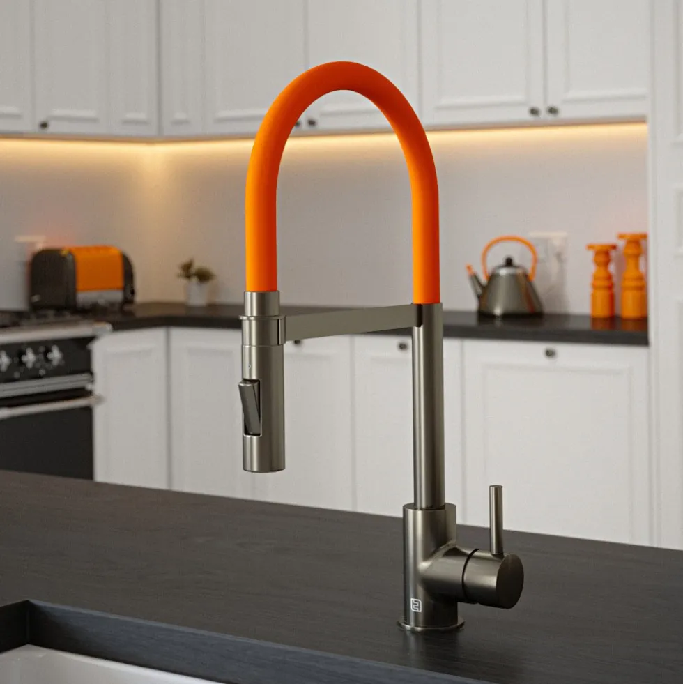 The Tap Factory Vibrance Tube Gunmetal Mono Pull Out Kitchen Mixer Tap with Coloured Spout