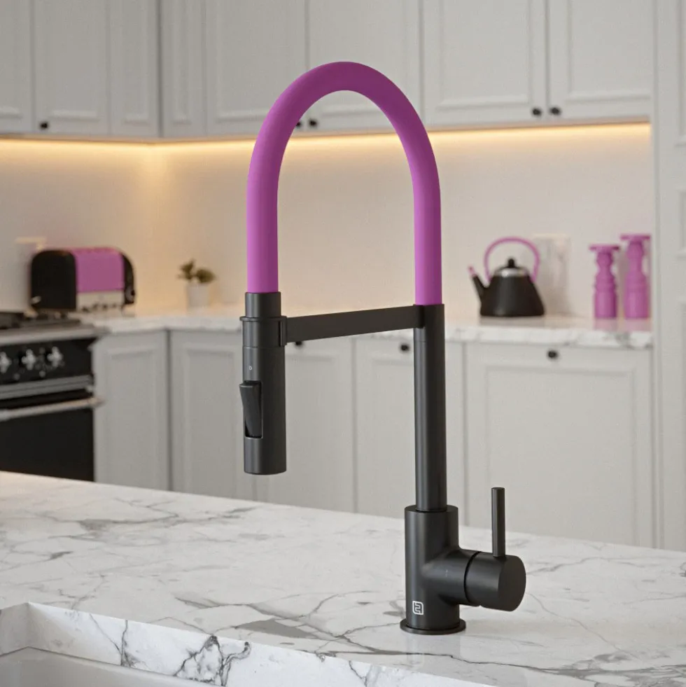 The Tap Factory Vibrance Tube Matt Black Mono Pull Out Kitchen Mixer Tap with Coloured Spout