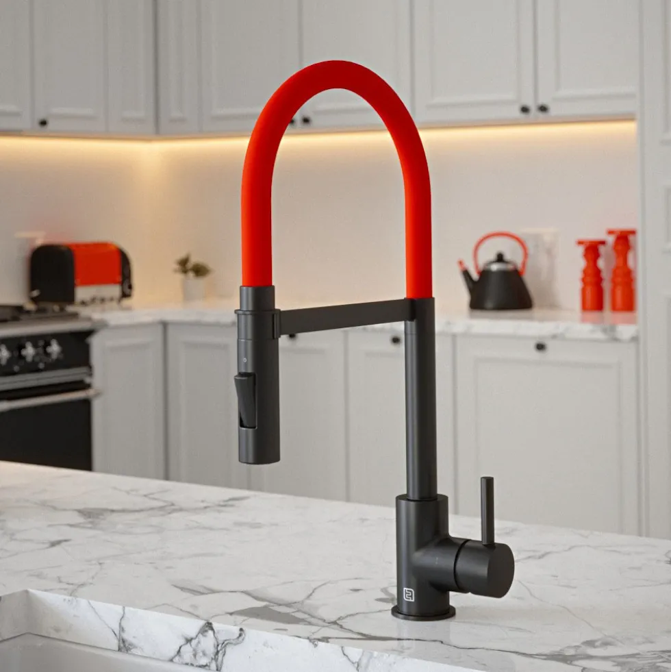 The Tap Factory Vibrance Tube Matt Black Mono Pull Out Kitchen Mixer Tap with Coloured Spout