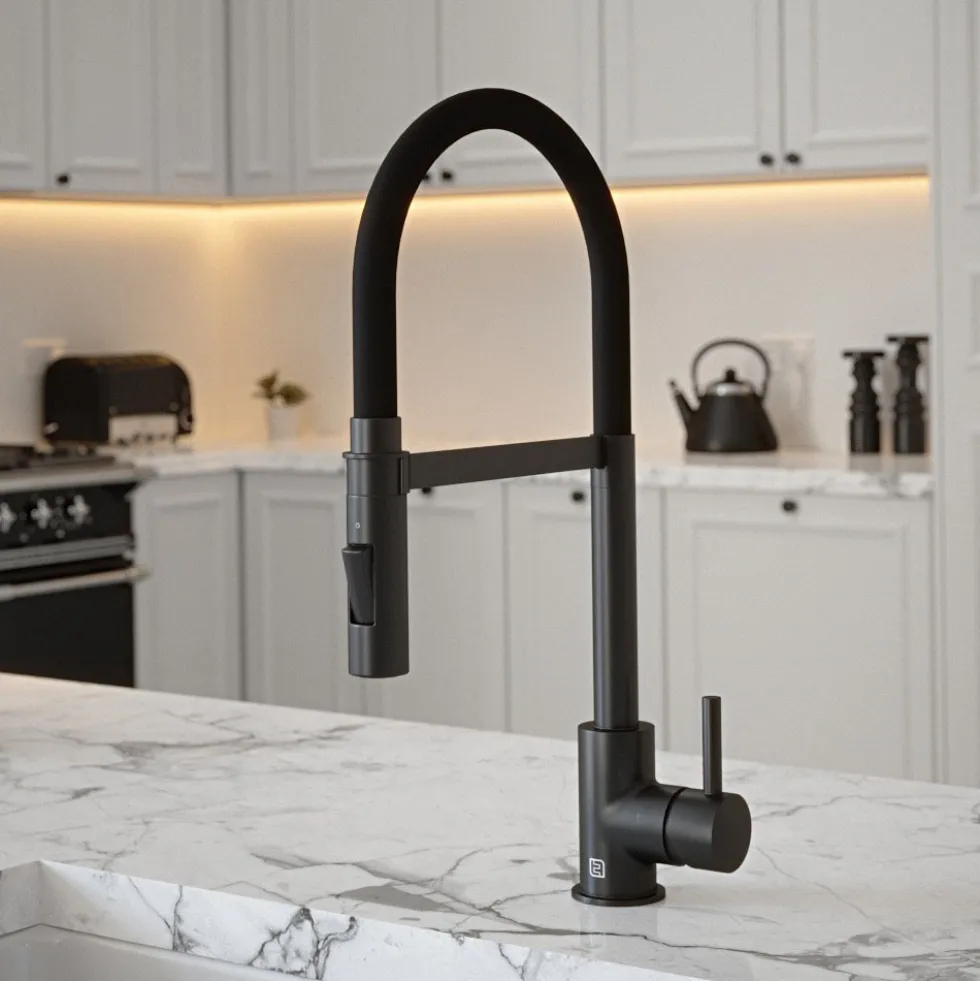 The Tap Factory Vibrance Tube Matt Black Mono Pull Out Kitchen Mixer Tap with Coloured Spout