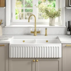 Thomas Denby Buxton 2 Bowl Fluted White Ceramic Belfast Sink - 895 x 465mm