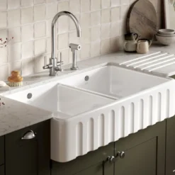 Thomas Denby Cotswold 2 Bowl Fluted White Ceramic Belfast Sink - 1000 x 535mm