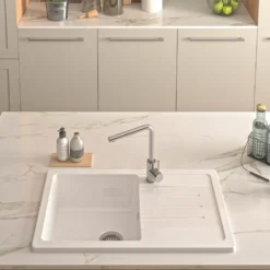 Thomas Denby Jarla Mini 1 Bowl Gloss White Ceramic Kitchen Sink with Reversible Drainer - 860 x 500mm