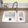 Thomas Denby Metro 1 Bowl and Half Bowl Inset or Undermount Gloss White Ceramic Kitchen Sink