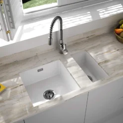 Thomas Denby Metro 1 Bowl and Half Bowl Inset or Undermount Gloss White Ceramic Kitchen Sink