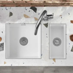 Thomas Denby Metro 1 Bowl and Half Bowl Inset or Undermount Gloss White Ceramic Kitchen Sink