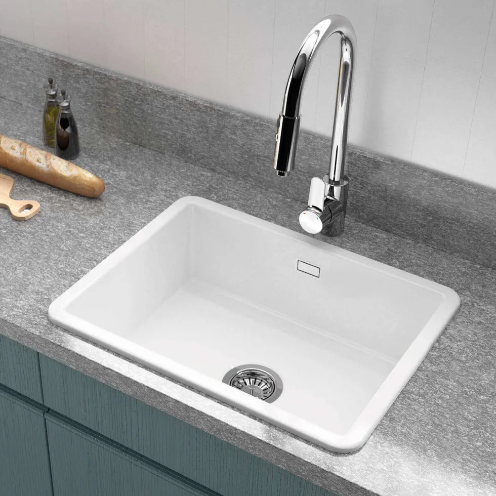 Thomas Denby Metro 1 Bowl and Half Bowl Inset or Undermount Gloss White Ceramic Kitchen Sink