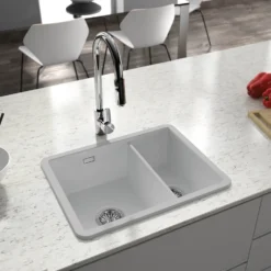 Thomas Denby Metro 1.5 Bowl Inset or Undermount Ceramic Kitchen Sink with Left Hand Main Bowl - 595 x 460mm