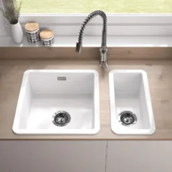 Thomas Denby Metro Half Bowl Inset or Undermount Gloss White Ceramic Kitchen Sink - 234 x 460mm
