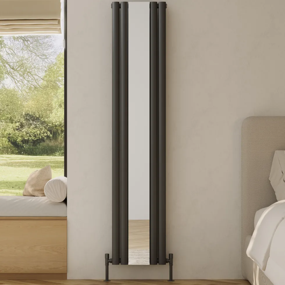 Toasty Echo Anthracite Grey Oval Double Panel Vertical Mirror Radiator - 1800 x 380mm