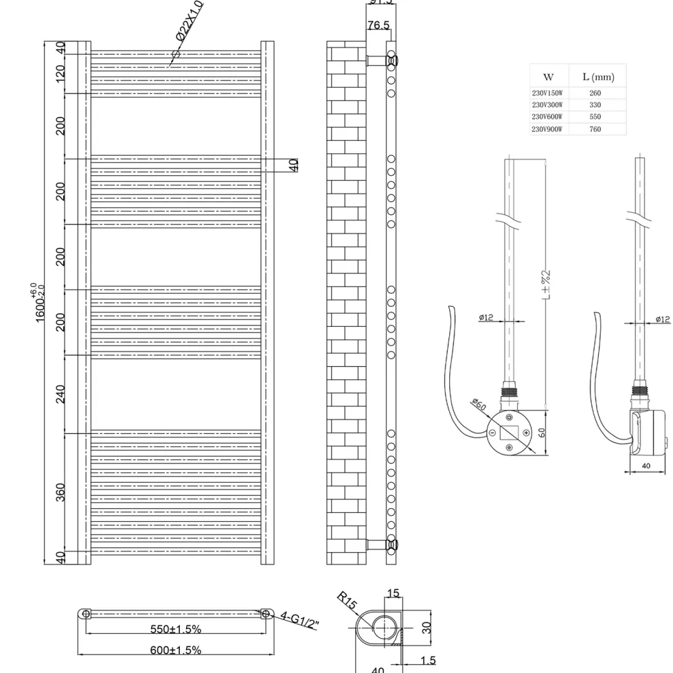 Toasty Glow Brushed Brass 22mm Electric Heated Ladder Towel Rail with Heating Element