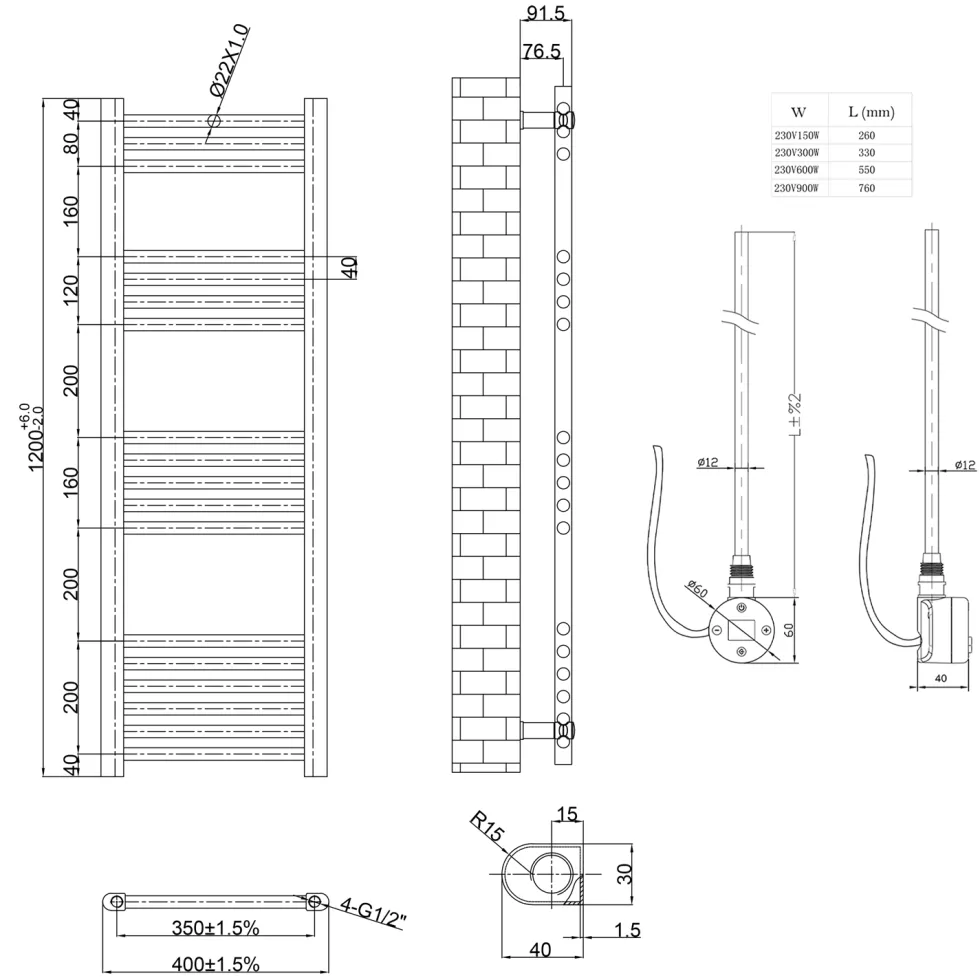 Toasty Glow Chrome 22mm Electric Heated Ladder Towel Rail with Heating Element